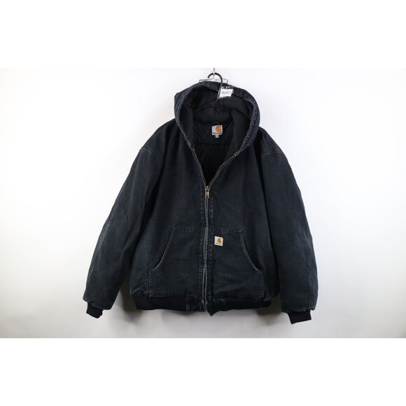Vintage Y2K Carhartt Mens 2XL Distressed Quilted Canvas Hooded Jacket Black USA